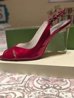 Vintage Stuart Weitzman Red Patent Leather Peep Toe, Lucite Heel Great Condition